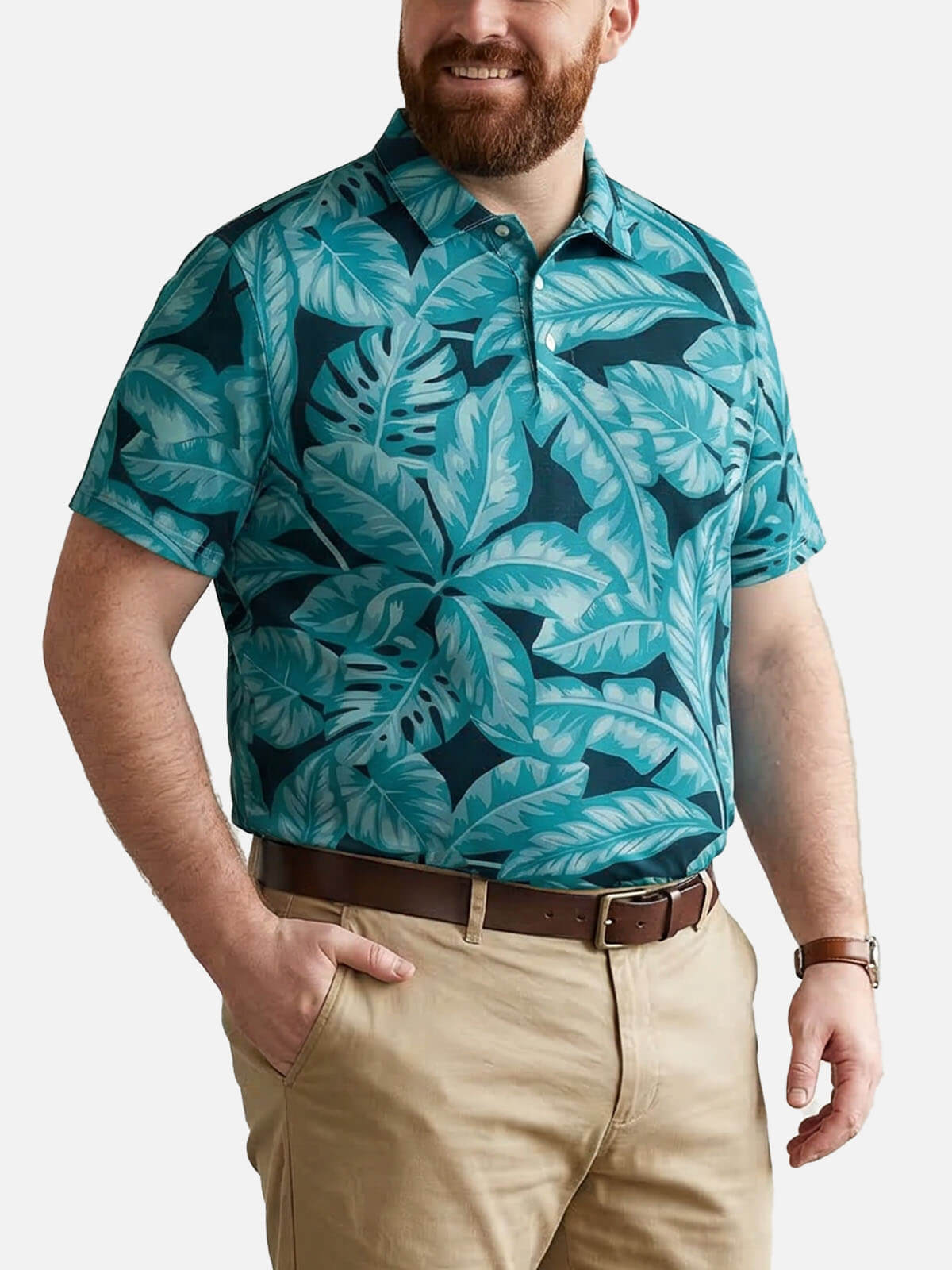 Men's Tropical Leaf Pattern Short Sleeve Polo Shirt Eleven Oasis