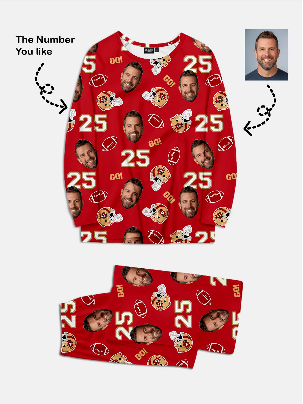 Custom Football Team & Face Pajama Set - Bay Area Red & Gold Eleven Oasis