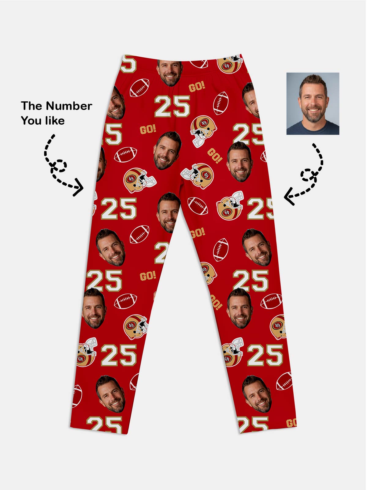 Custom Football Team & Face Pajama Set - Bay Area Red & Gold Eleven Oasis