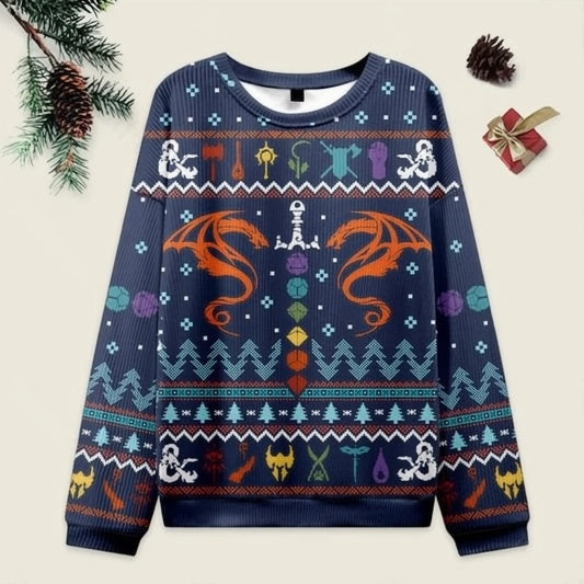 Ugly Christmas Sweater DND Dragon Dice Weapon Dark Blue Sweatshirt Eleven Oasis