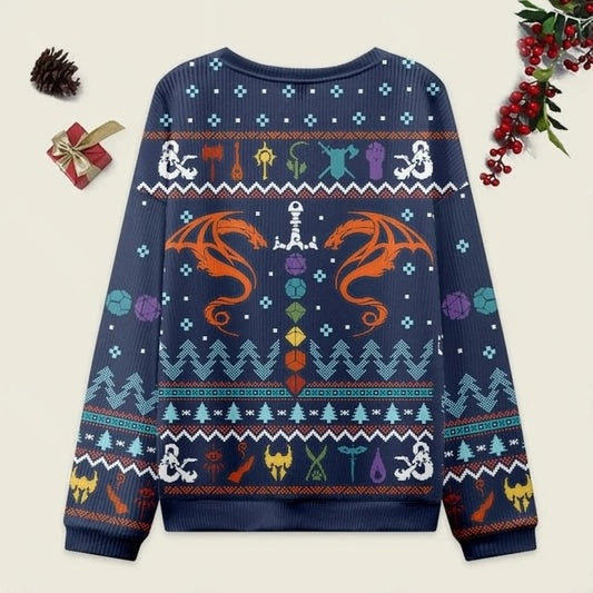 Ugly Christmas Sweater DND Dragon Dice Weapon Dark Blue Sweatshirt Eleven Oasis