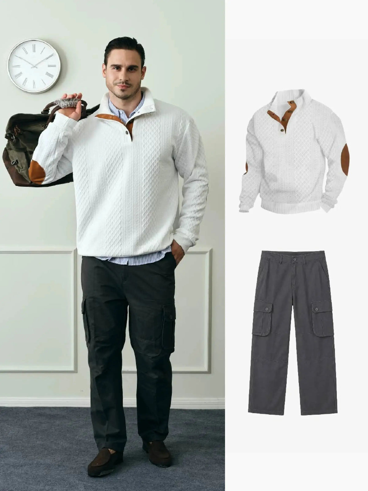 Men's Cable Knit Quarter Button Pullover Sweatshirt 