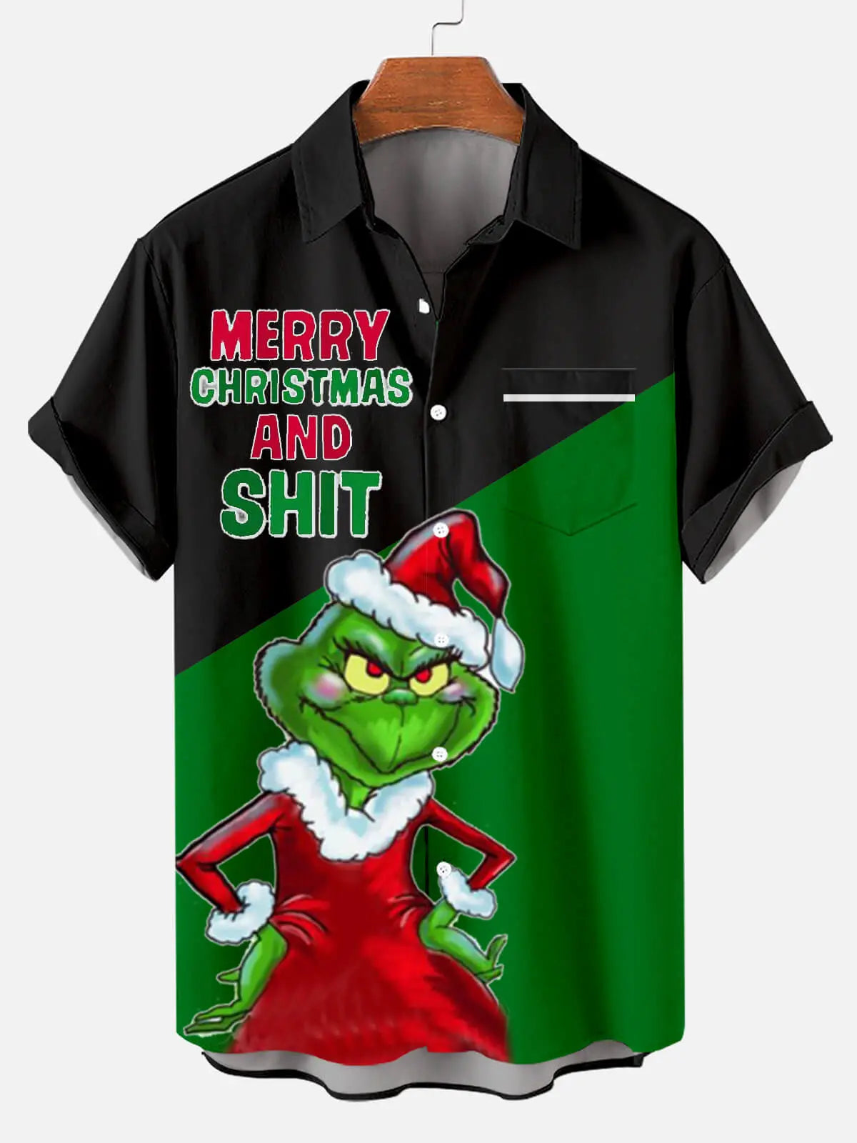 Merry Christmas And Shit Men's Short Sleeve Casual Shirt Green / MMens short sleeve shirts Big and tall Mens shirts Short sleeve shirts for men Mens 4xl shirts Casual short sleeve shirts