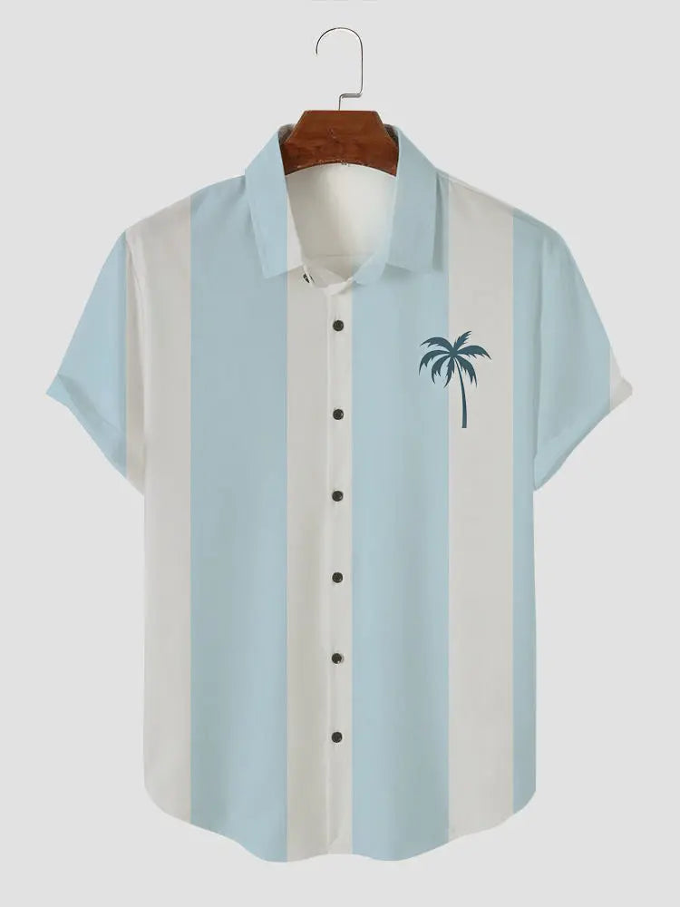 Men's Palm Tree Blue and White Stripe Button Casual Shirt Light Blue / M