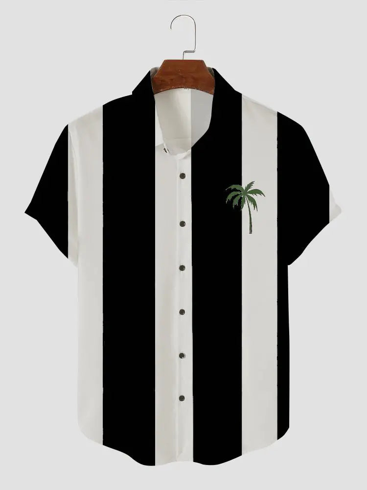 Men's Palm Tree Blue and White Stripe Button Casual Shirt Black / M
