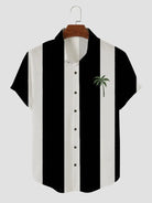 Men's Palm Tree Blue and White Stripe Button Casual Shirt Black / M