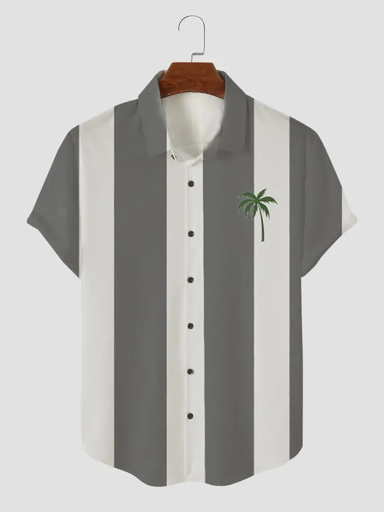 Men's Palm Tree Blue and White Stripe Button Casual Shirt Gray / M