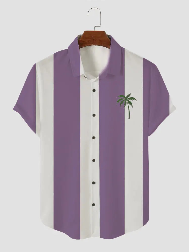 Men's Palm Tree Blue and White Stripe Button Casual Shirt Purple / M