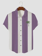 Men's Palm Tree Blue and White Stripe Button Casual Shirt Purple / M