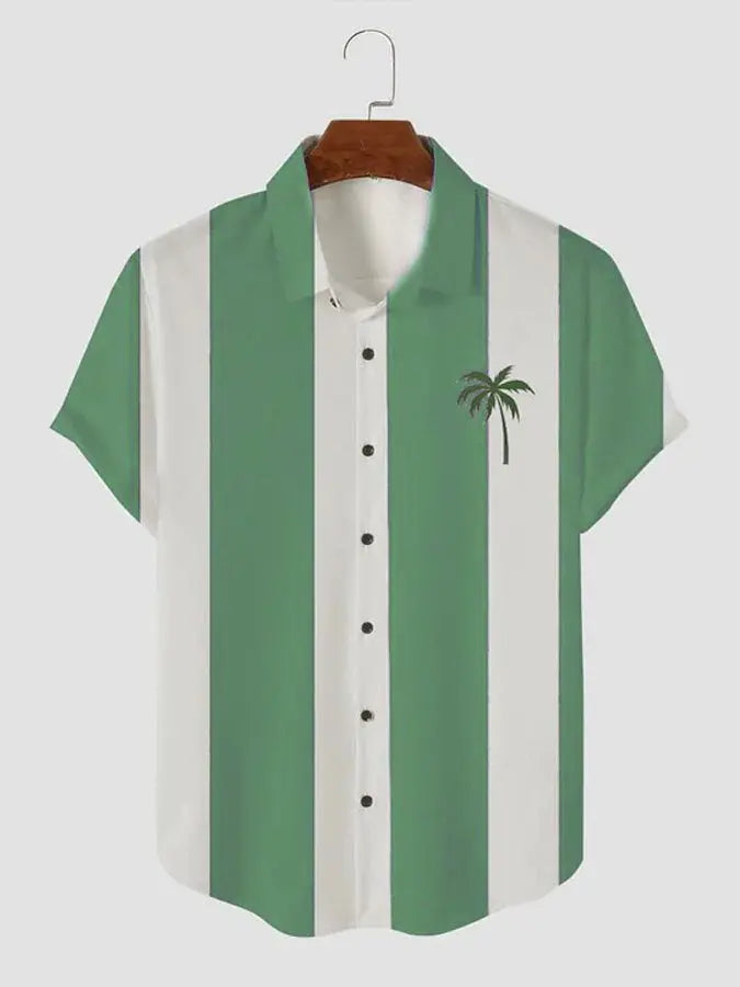 Men's Palm Tree Blue and White Stripe Button Casual Shirt Green / M
