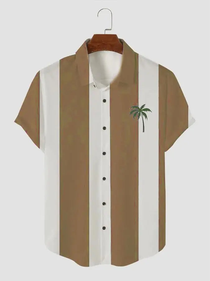 Men's Palm Tree Blue and White Stripe Button Casual Shirt Yellow / M