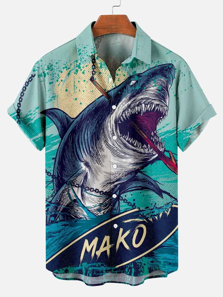 Hawaiian Great White Shark Pattern Men's Short Sleeve TopMens short sleeve shirts Big and tall Mens shirts Short sleeve shirts for men Mens 4xl shirts Casual short sleeve shirts