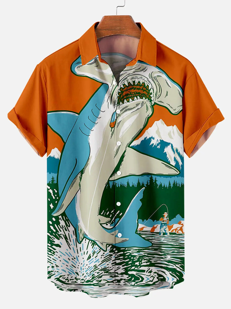 Hawaiian Deep Sea Shark Pattern Men's Short Sleeve TopMens short sleeve shirts Big and tall Mens shirts Short sleeve shirts for men Mens 4xl shirts Casual short sleeve shirts