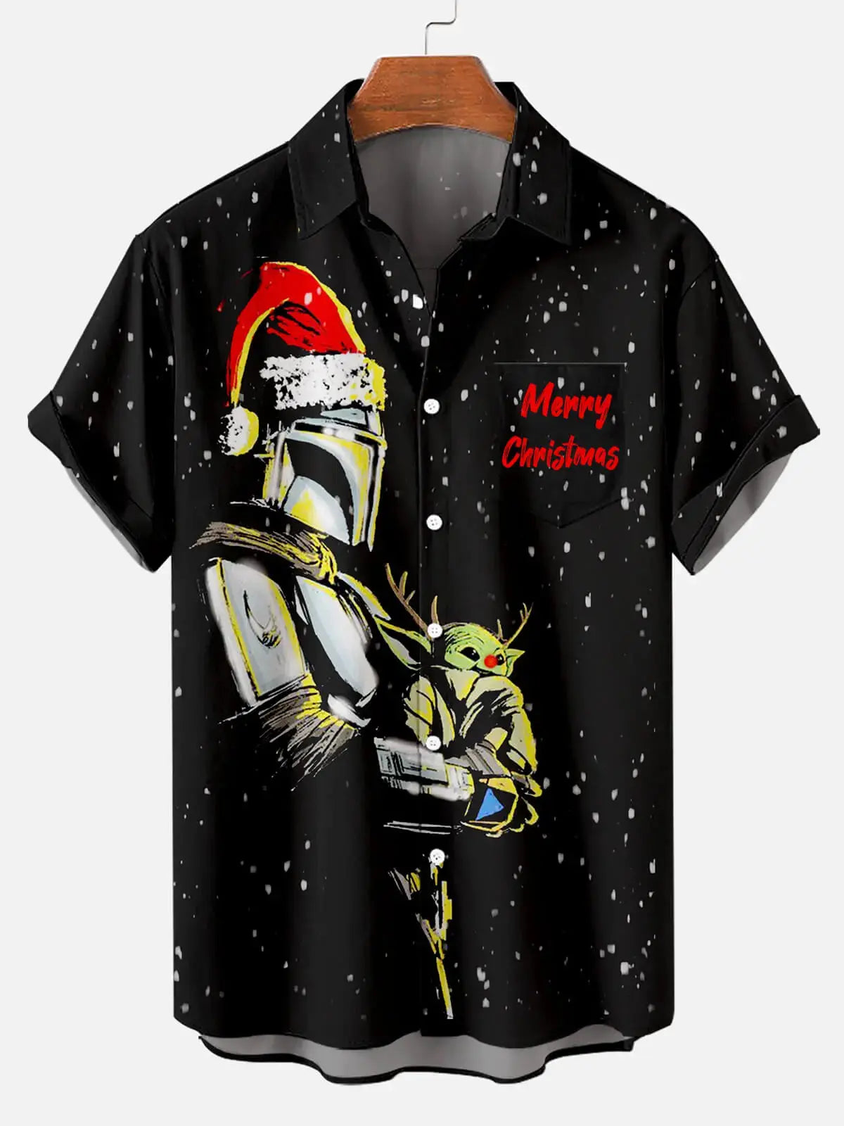 Christmas Baby Yoda Men's Short Sleeve Casual Shirt Black / MMens short sleeve shirts Big and tall Mens shirts Short sleeve shirts for men Mens 4xl shirts Casual short sleeve shirts