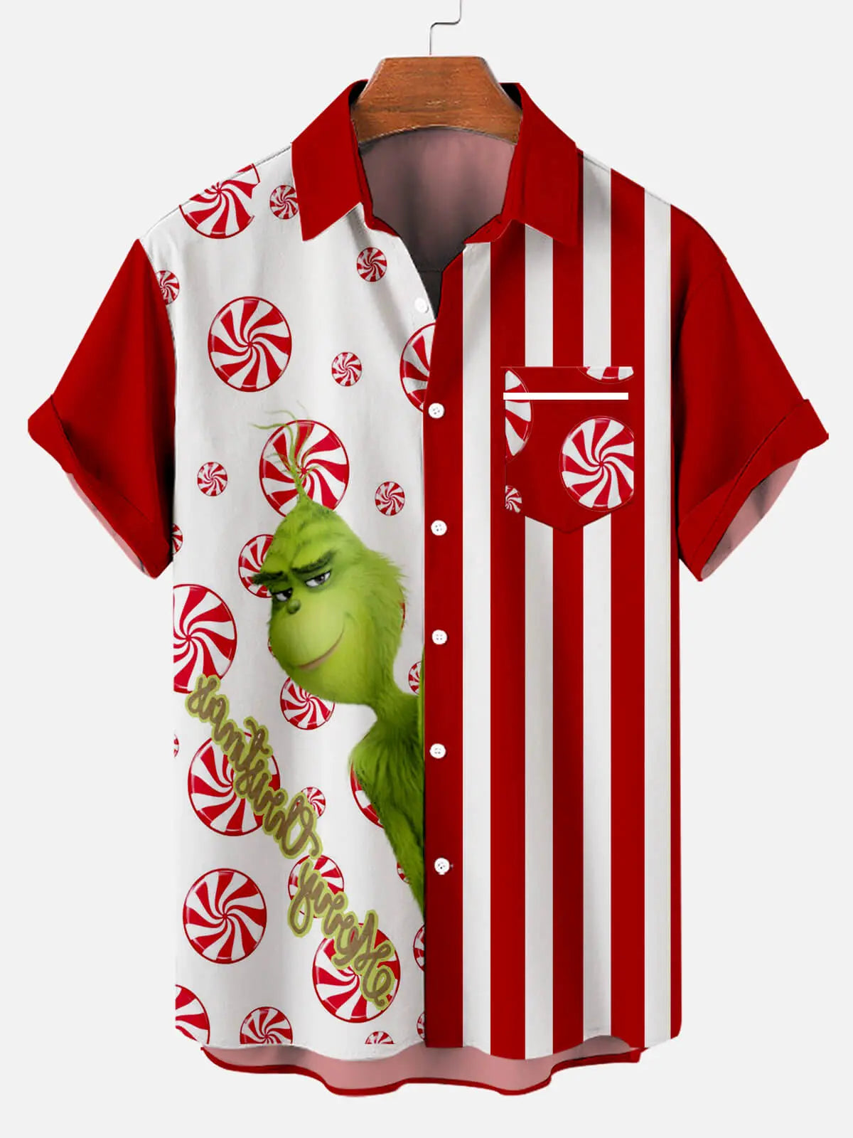 Christmas Grinch Striped Men's Short Sleeve Casual Shirt Red / MMens short sleeve shirts Big and tall Mens shirts Short sleeve shirts for men Mens 4xl shirts Casual short sleeve shirts