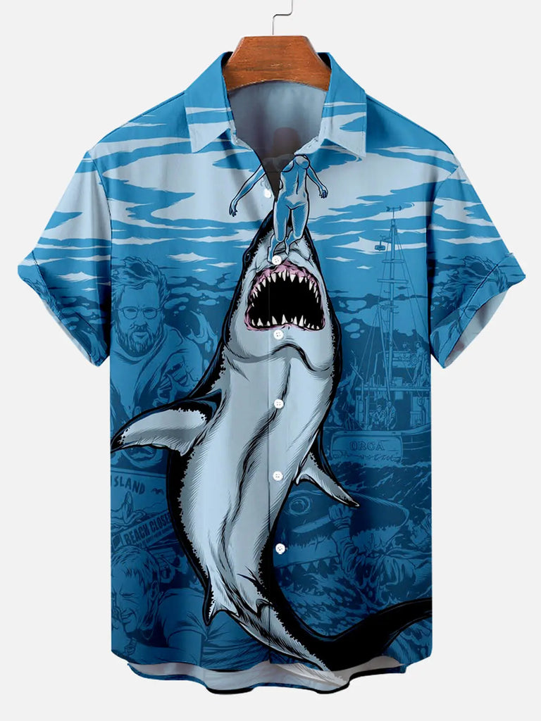 Hawaiian Deep Sea Shark Pattern Men's Short Sleeve TopMens short sleeve shirts Big and tall Mens shirts Short sleeve shirts for men Mens 4xl shirts Casual short sleeve shirts