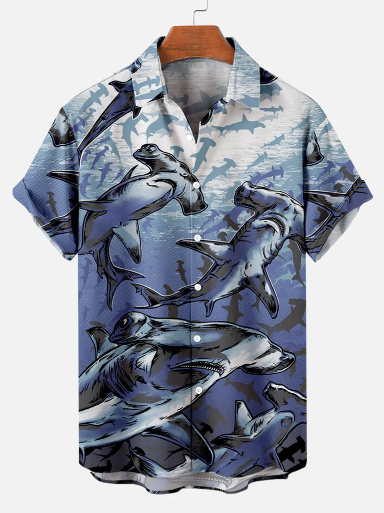 Hawaiian Deep Sea Shark Pattern Men's Short Sleeve TopMens short sleeve shirts Big and tall Mens shirts Short sleeve shirts for men Mens 4xl shirts Casual short sleeve shirts
