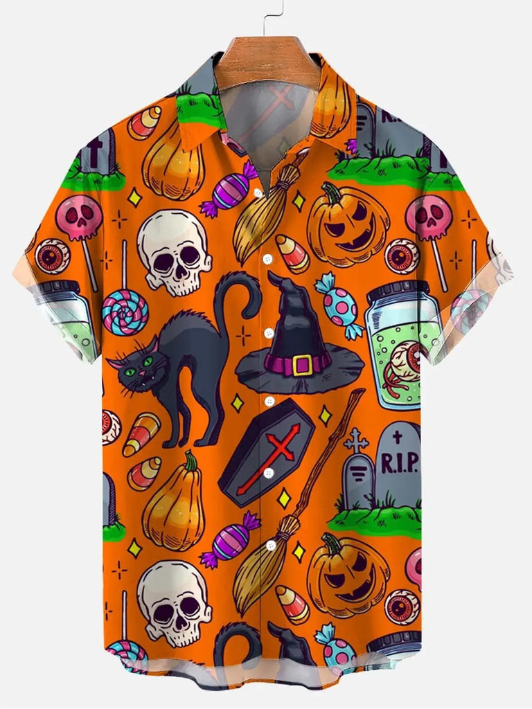 Halloween Element Men's Casual Short-Sleeve Shirt Orange / MMens short sleeve shirts Big and tall Mens shirts Short sleeve shirts for men Mens 4xl shirts Casual short sleeve shirts